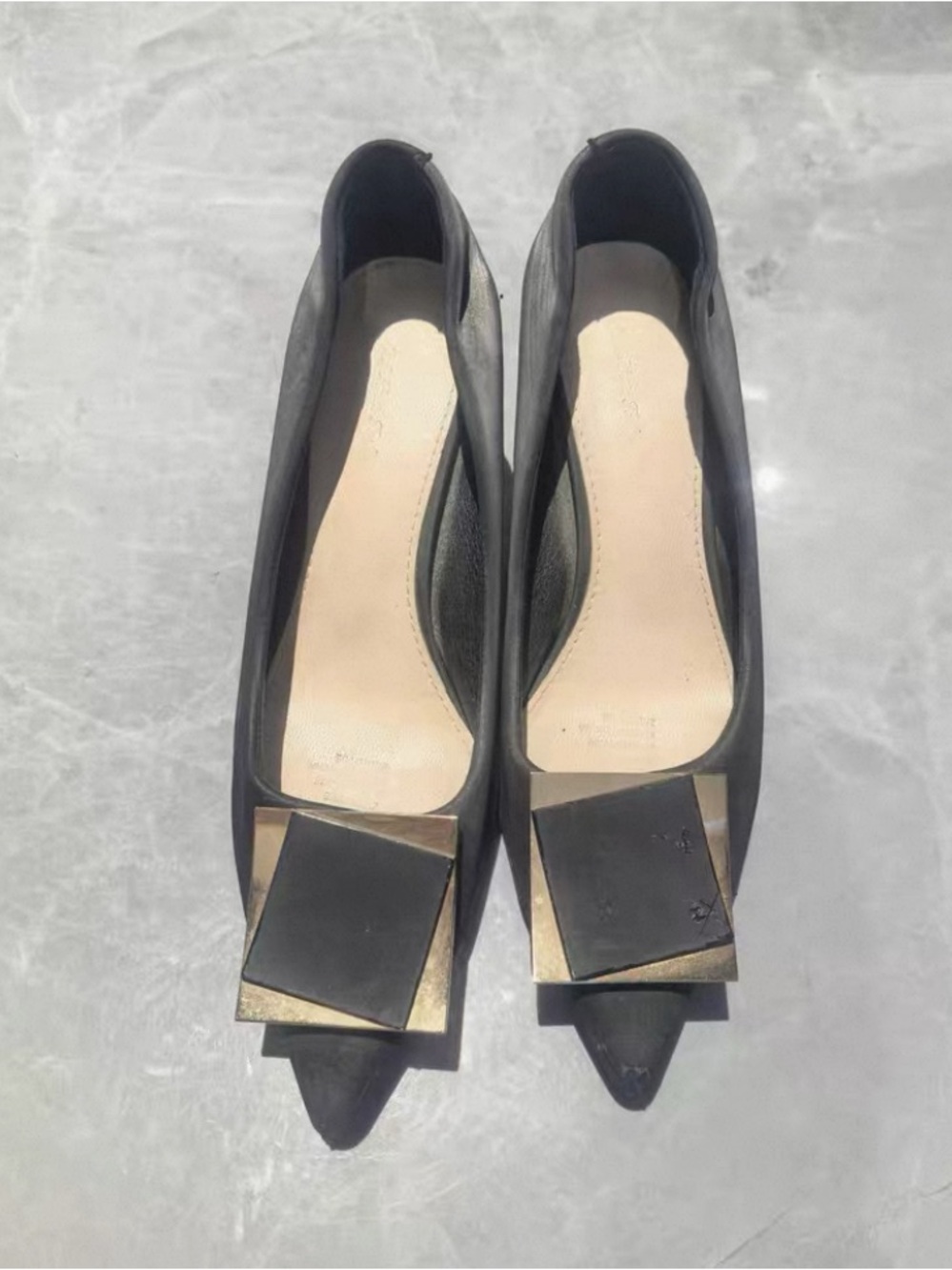 Pointed Toe Black Heels with Geometric Metal Accent